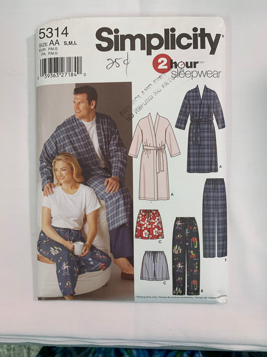 Simplicity Sewing Pattern 5314 Misses'/Men's Pants, Shorts, Robe, Elastic Waist, Sleepwear, Pajamas, Size 40-62, Uncut, 2003