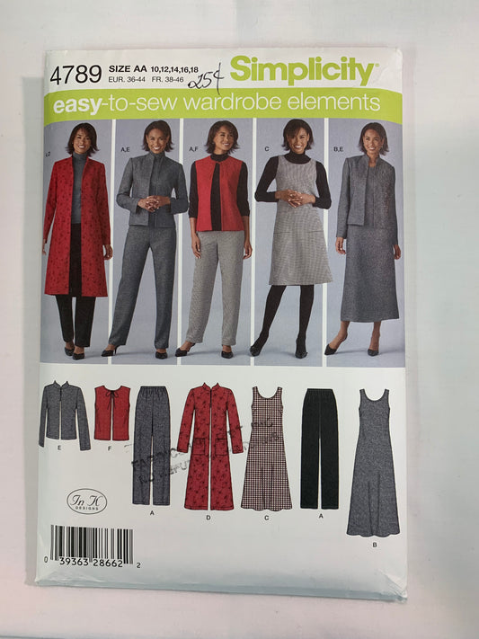 Simplicity New Look Sewing Pattern 4789 Misses'/Women's Jacket, Dress, Two Lengths, Jumper, Elastic Waist, Pants, Vest, Long Sleeves, Sleeveless, Size 10-18, Uncut, 2004