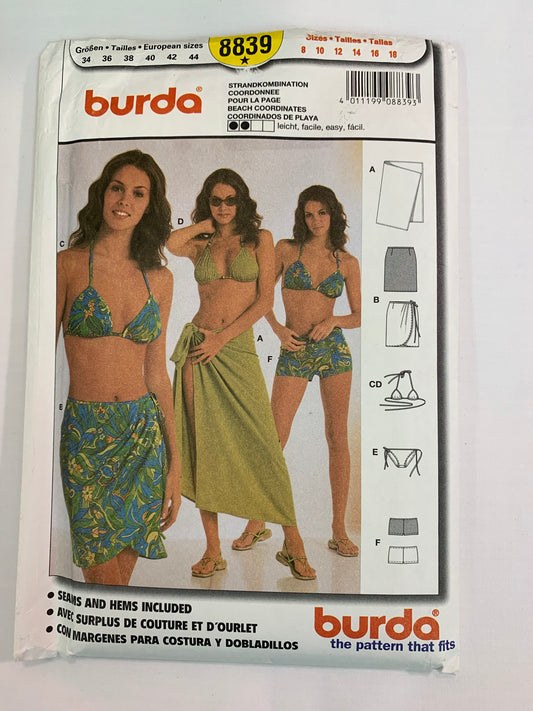 Burda Sewing Pattern 8839 Misses' Beach Coordinates, Bra Top, Bottoms, 3 Variations, Swimsuitm, Cover Up, Size 8-12, Cut, 2000
