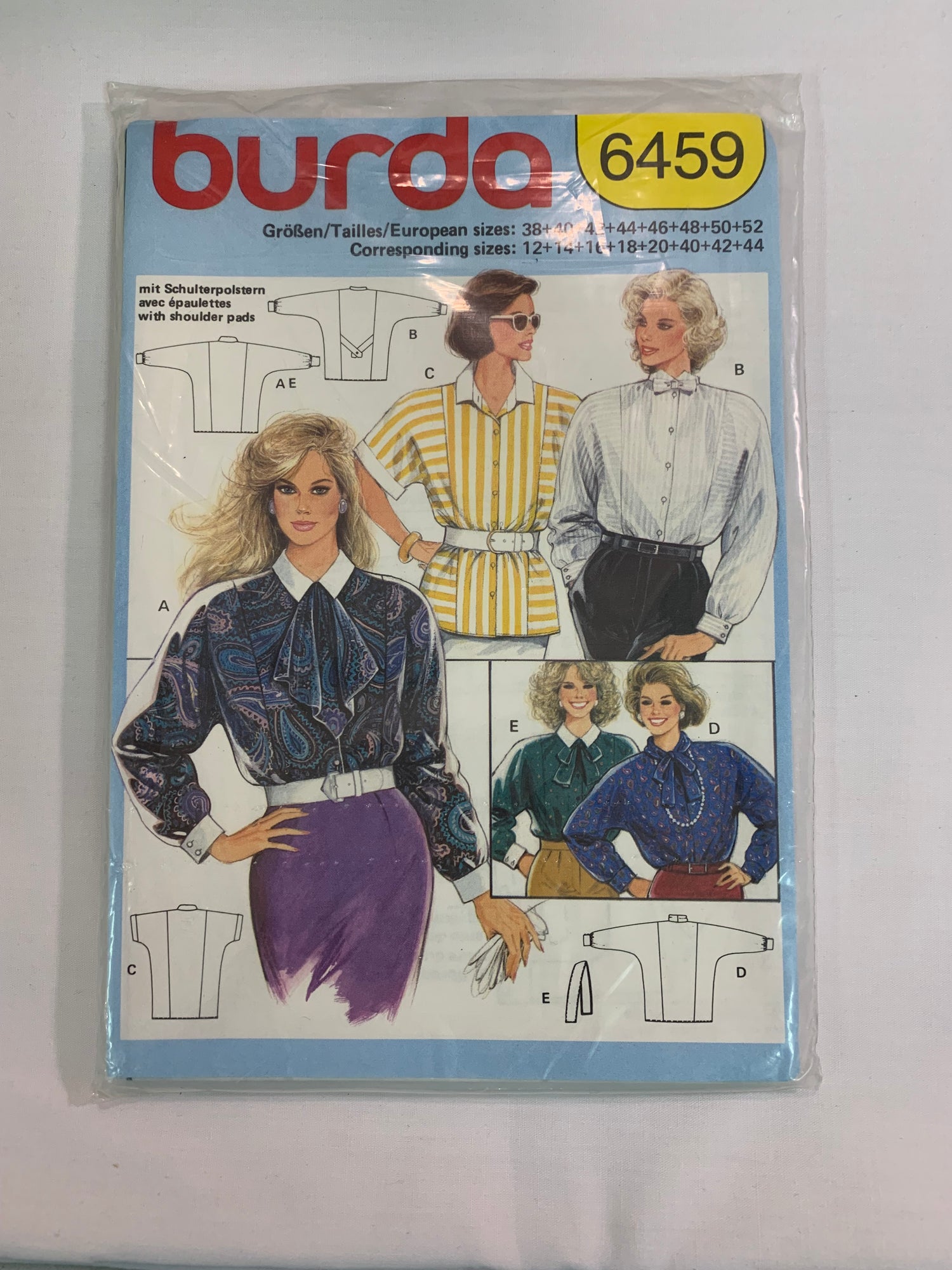 Burda Sewing Pattern 6459 Misses' Tops, Shirt, Shoulder Pads, Button Front, Collar, 5 Variations, Belt, Long/Short Sleeves, Darts, Size 12-18, Uncut, 2000
