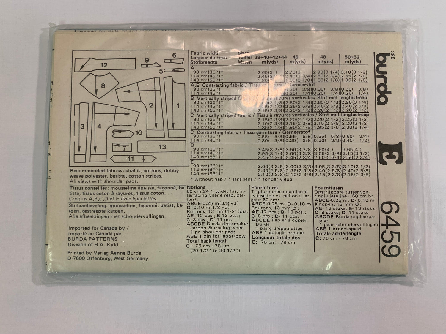 Burda Sewing Pattern 6459 Misses' Tops, Shirt, Shoulder Pads, Button Front, Collar, 5 Variations, Belt, Long/Short Sleeves, Darts, Size 12-18, Uncut, 2000