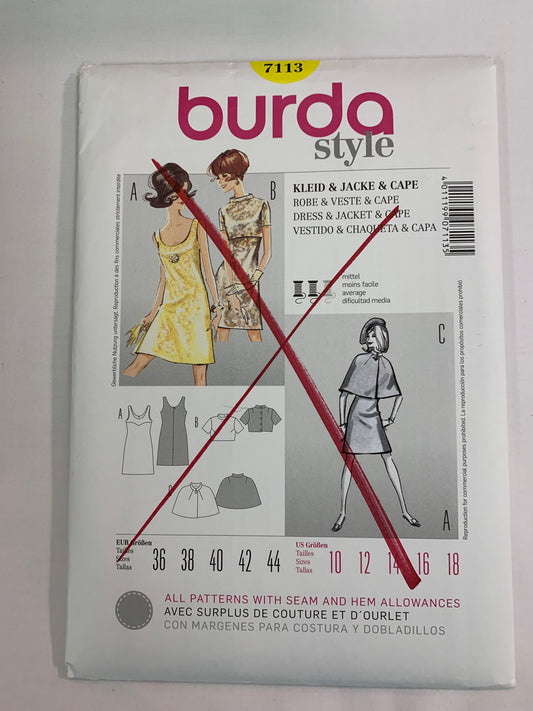 Burda Sewing Pattern 7113 Misses' Dress, Cape, Jacket, Sleeveless, Short Sleeves, Semi-Fitted, Zipper Back, Size 10-18, Uncut, 2013