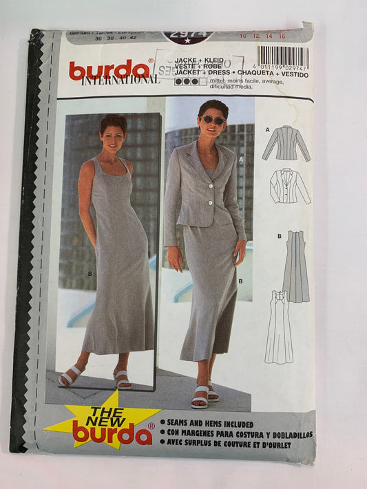 Burda Sewing Pattern 2974 Misses' Dress, Jacket, Sleeveless, Long Sleeves, Fitted, Zipper Back, Size 10-16, Uncut, 2000