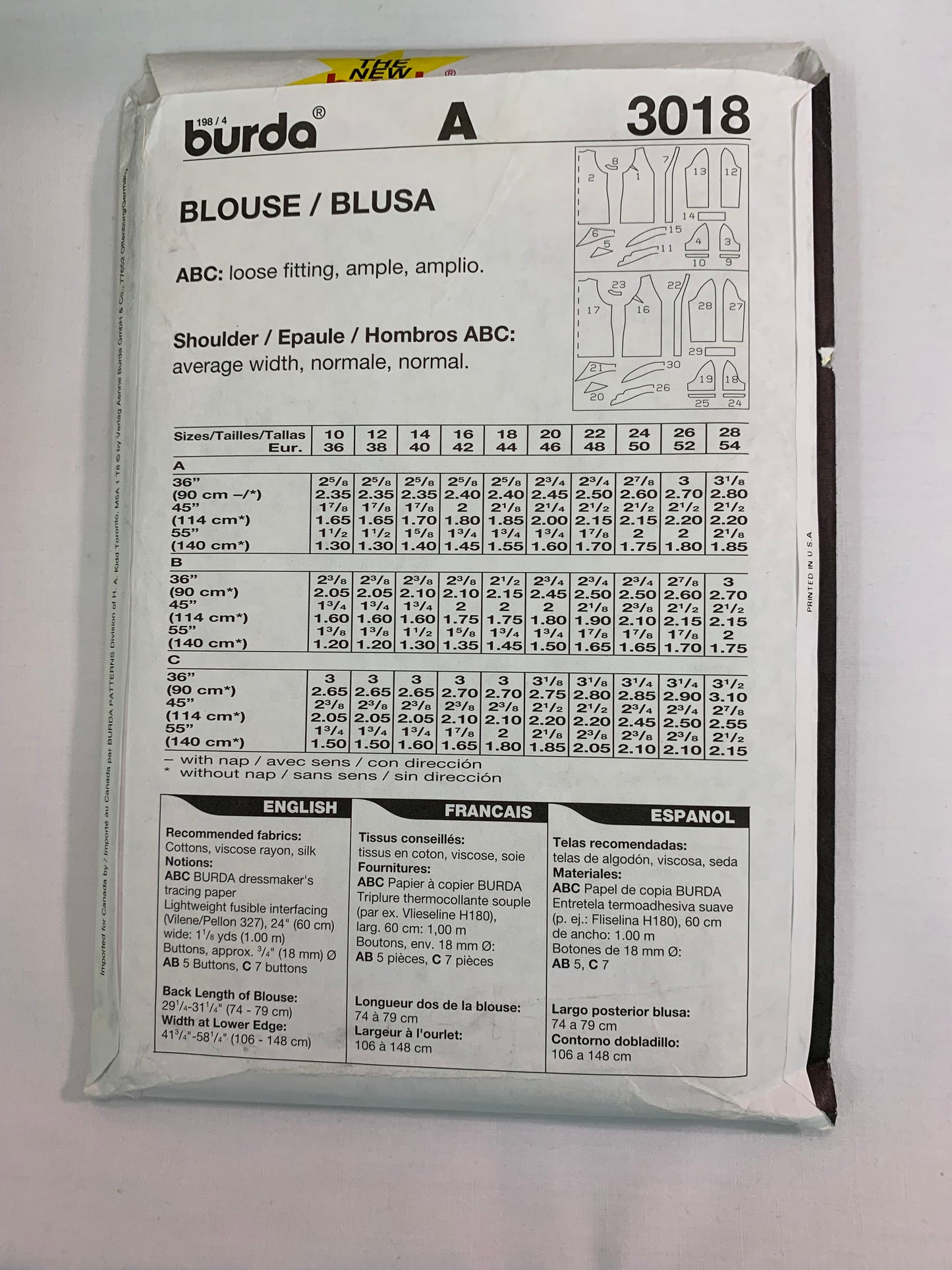 Burda Sewing Pattern 3018 Misses' Blouse, Top, Button Front, Collar, 3 Variations, Loose Fitting, Long/Short Sleeves,, Size 10-18, Cut, 2000