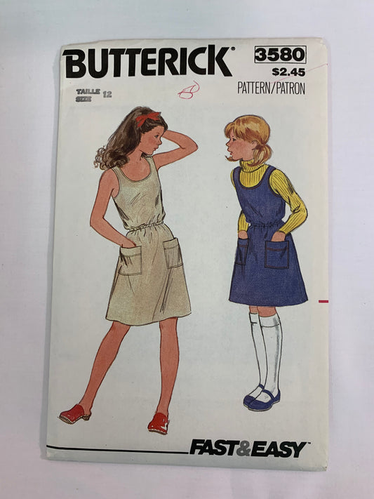 Butterick Sewing Pattern 3580 Girls' Jumper, Dress, Loose-Fitting, Pullover, Shoulder Straps, Elastic Waist, Pockets, 2 Variations, Size 12, Uncut, Vintage 1970