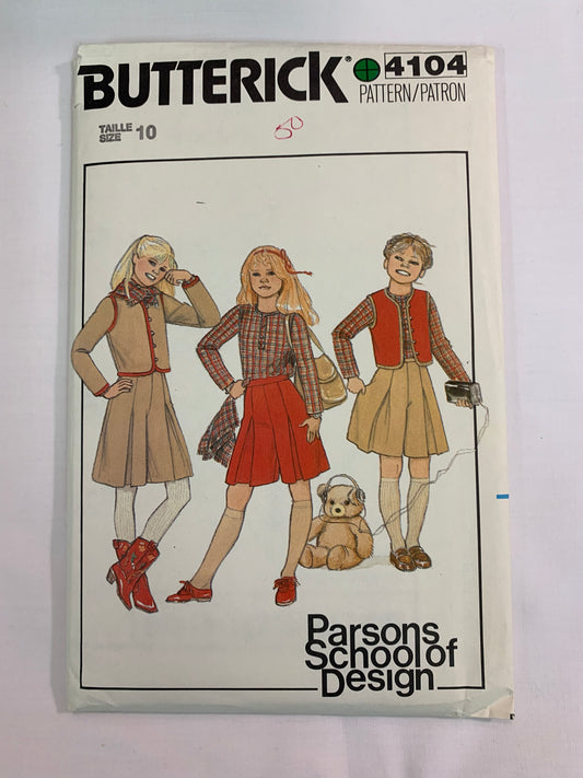 Butterick Sewing Pattern 4104 Girls' Jacket, Vest, Top, Culottes, Scarf, Semi-Fitted, Long Sleeves, Sleeveless, Button front, Size 10, Uncut, Vintage 1980
