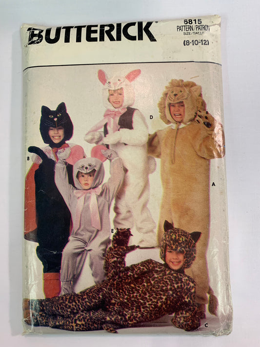 Butterick Sewing Pattern 6815 Children's/Girls'/Boys' Lion, Bunny, Mouse, Cat, Leopard, Jumpsuit, Costumes, Loose-Fitting, Long Sleeves, Hat, Size 8-12, Uncut, Vintage 1988