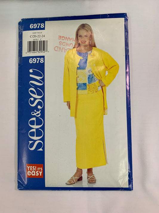 Butterick Sewing Pattern See & Sew 6978 Misses'/Misses' Petite Jacket, Top, Skirt, Loose-Fitting, Dropped Shoulder, Size 20-24, Uncut, 2000