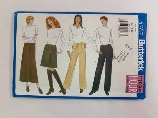 Butterick Sewing Pattern 5767 Misses'/Misses' Petite Skirt, Pants, Two Lengths, Zipper Back, Pockets, Fitted,  Size 12-16, Uncut, Vintage 1998