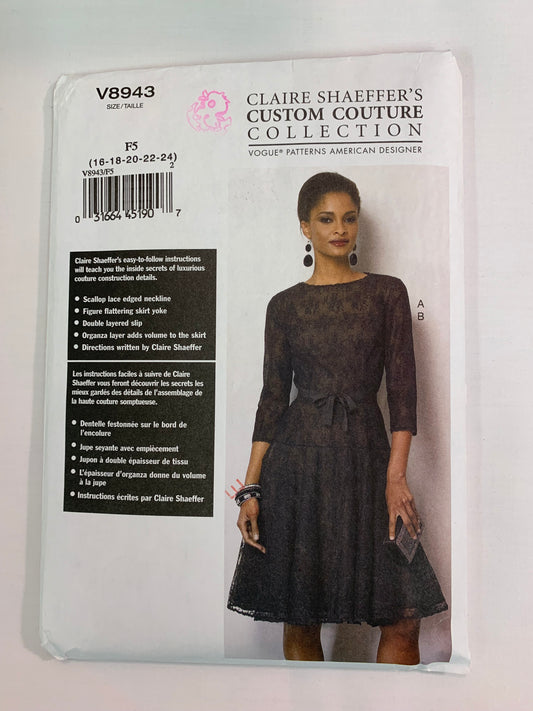 Vogue Sewing Pattern V8943 Misses' Dress, Slip, Long Sleeves, Sleeveless, Fitted, Shoulder Straps, Size 16-24, Uncut, 2013