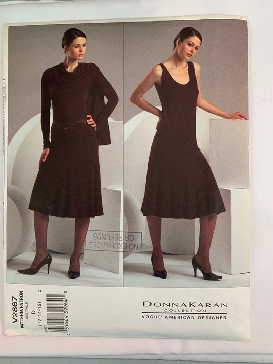 Vogue Donna Karan Sewing Pattern V2867 Misses' Shrug, Top, Skirt, Fitted, Flared Skirt, Elastic Waist, Long Sleeves, Sleeveless, Size 12-16, Uncut, 2005