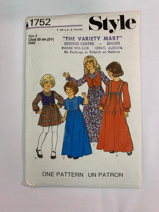 Style Sewing Pattern 1752 Girls' Dress, Bolero, 4 Variations, Gathered Skirt, Zipper Back, Long/Short Sleeves, Size 2, Uncut, Vintage 1976