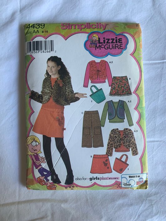 Simplicity Lizzie McGuire, Sewing Pattern 4439 Girls' Plus, Mini Skirt, Cropped Pants, Lined Vest or Jacket, Bag, Knit Top, Size 8-16, Cut, 2005