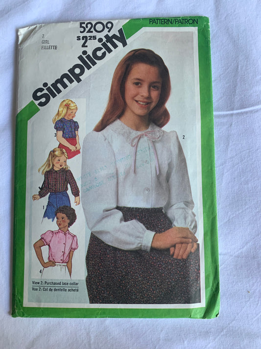 Simplicity Sewing Pattern 5209 Girls' Blouses, 4 Variations, Long Sleeves, Button Front, Long/Short Sleeves, Size 7, Cut, Vintage 1981