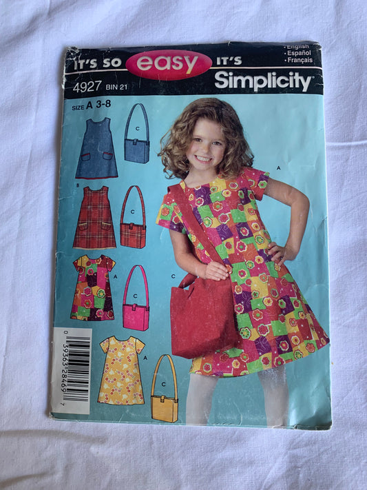 Simplicity Sewing Pattern 4927 Girls' Dress, Bag, Pullover, Short Sleeves, Pockets, Sleeveless, Size 3-7, Cut 2007