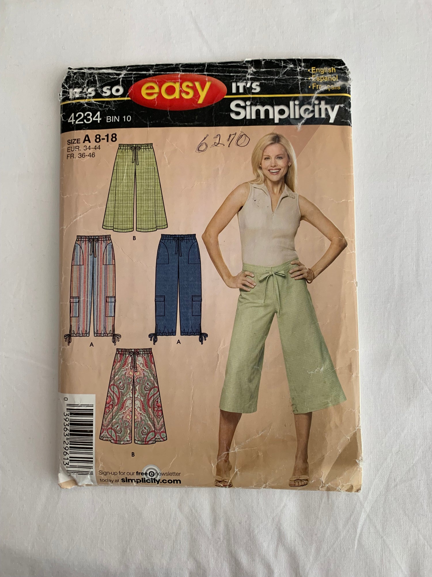 Simplicity Sewing Pattern 4234 Misses' Cropped Pants, Gauchos, Pockets, Elastic Waist, Leg Variations, Size 8-16, Cut, 2006