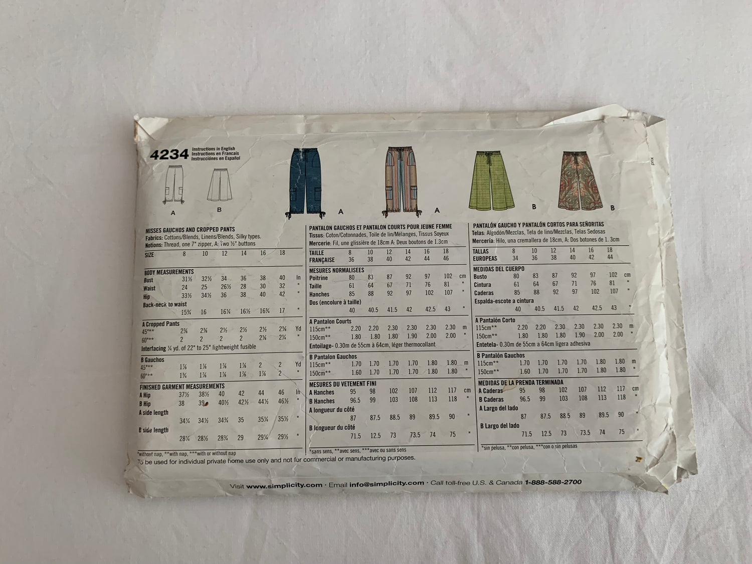 Simplicity Sewing Pattern 4234 Misses' Cropped Pants, Gauchos, Pockets, Elastic Waist, Leg Variations, Size 8-16, Cut, 2006