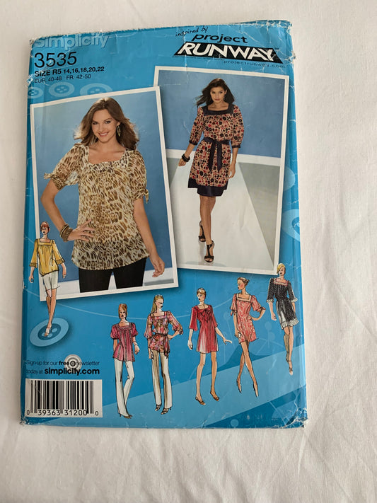 Simplicity Project Runway Sewing Pattern 3535 Misses'/Miss Petite Dress, Mini Dress, Top, Belt, Pullover, Two Lengths, Size 14-22, Cut, 2007