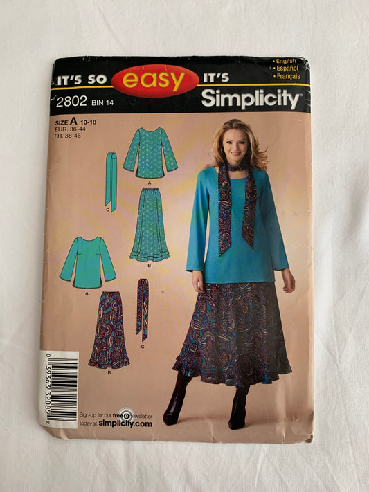 Simplicity Sewing Pattern 2802 Misses' Top, Skirt, Sash, Scarf, Long Sleeves, Size 10-18, Cut, 2008