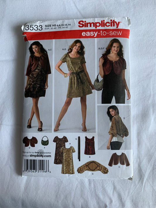 Simplicity Sewing Pattern 3533 Misses' Dress, Top, Jacket, Shrug, Long/Short Sleeves, Belt, Bag, Two Lengths, Size 8-14, Cut, 2007