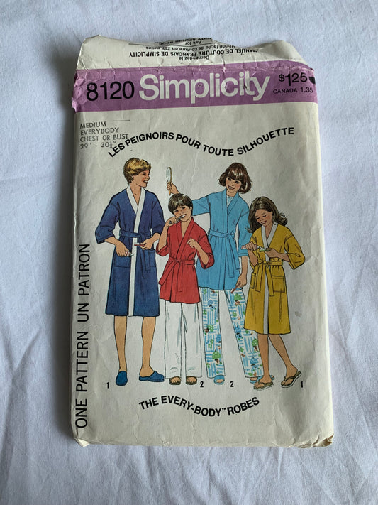 Simplicity Sewing Pattern 8120 Boy's, Girls' Robe, Housecoat, Loungewear, Chest 29-30, Cut, Vintage 1977