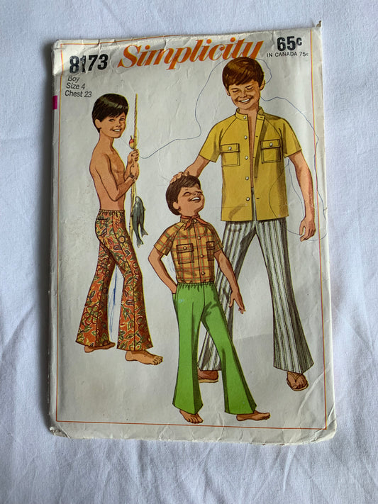 Simplicity Sewing Pattern 8173 Boys' Shirt, Bell-Bottom Pants, Short Sleeves, Pull-On, Pockets, Button Front, Pockets, Size 4, Cut, Vintage 1969