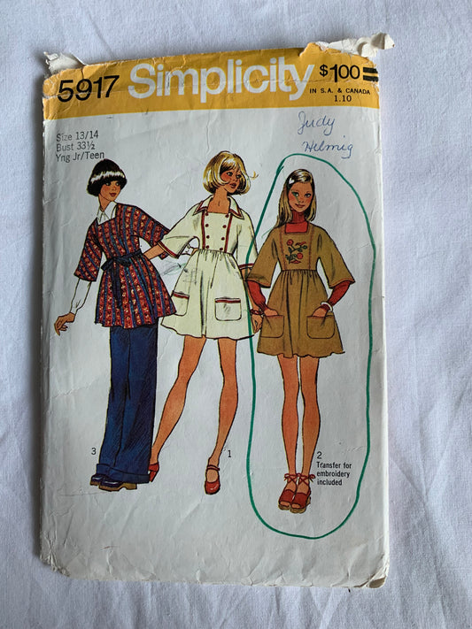 Simplicity Sewing Pattern 5917 Junior/Teens' Short Dress, Jumper, Tunic, Pockets, Size 13/14, Cut, Vintage 1973