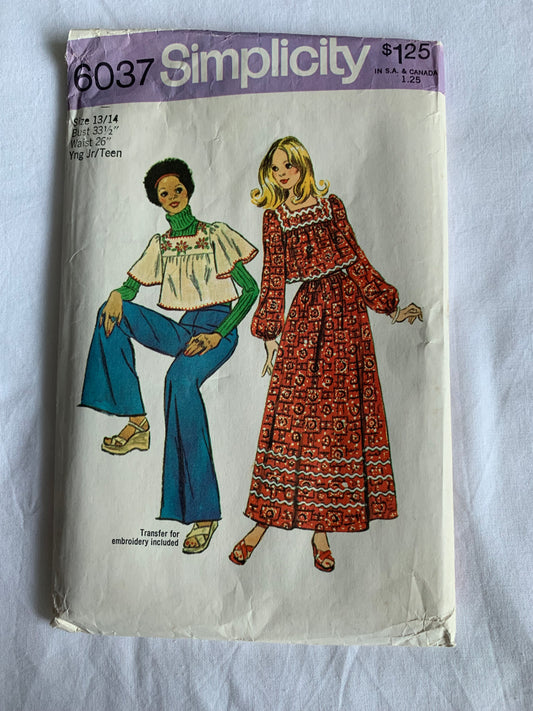 Simplicity Sewing Pattern 6037 Junior/Teens' Top, Skirt, Long/Short Sleeves, Zipper Back, Transfers, Size 13/14, Cut, Vintage 1973