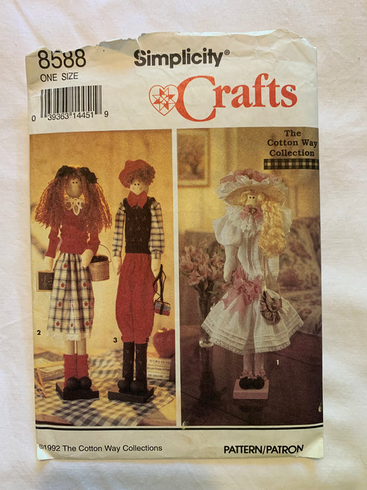 Simplicity Sewing Pattern 8588 Crafts 22" Dowel Dolls, 3 Styles, Wardrobe, Cut, Vintage 1993