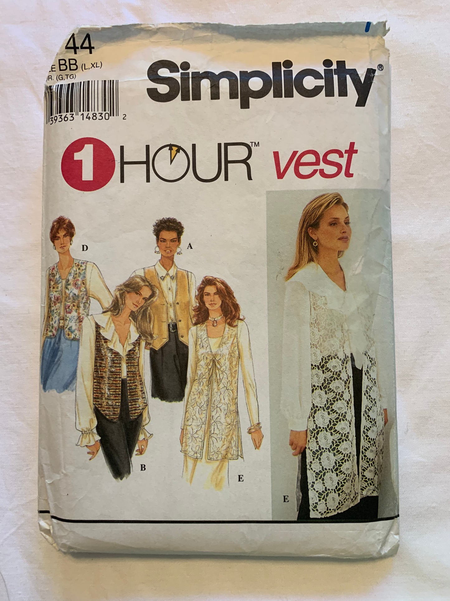 Simplicity Sewing Pattern 8744 Misses' Lined Vests, Sleeveless, Tie Back, Button Front, 5 Variations, Size Large, Cut, Vintage 1993
