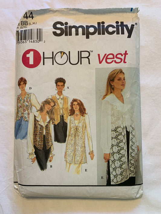 Simplicity Sewing Pattern 8744 Misses' Lined Vests, Sleeveless, Tie Back, Button Front, 5 Variations, Size Large, Cut, Vintage 1993