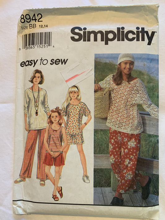 Simplicity Sewing Pattern 8942 Girls' Pants, Shorts, Pullover, Tank Top, Pull-On, Stretch Knit Only, Size 12-14, Uncut, Vintage 1994