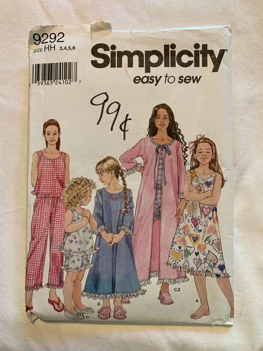 Simplicity Sewing Pattern 9292 Girls' Pajamas, Nightgown, Robe, Two Lengths, Long Sleeves, Elastic Waist, Size 3-6. Cut, 2002