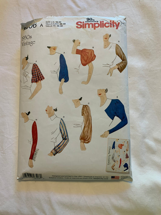 Simplicity Sewing Pattern 3536 Misses' 1930's Sleeves, 8 Variations, Size 10-16, Cut, 2009