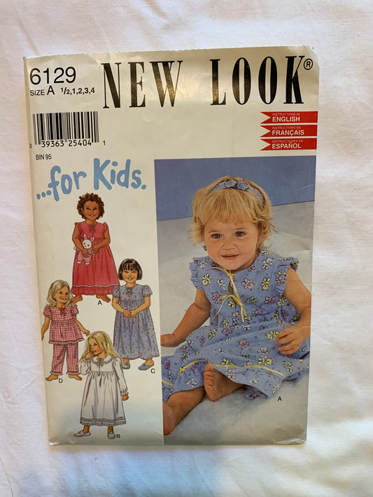 Simplicity New Look Sewing Pattern 6129 Toddlers' Girls' Pajamas, Top, Pants, Nightgown, Size 1/2-4, Cut, 2007