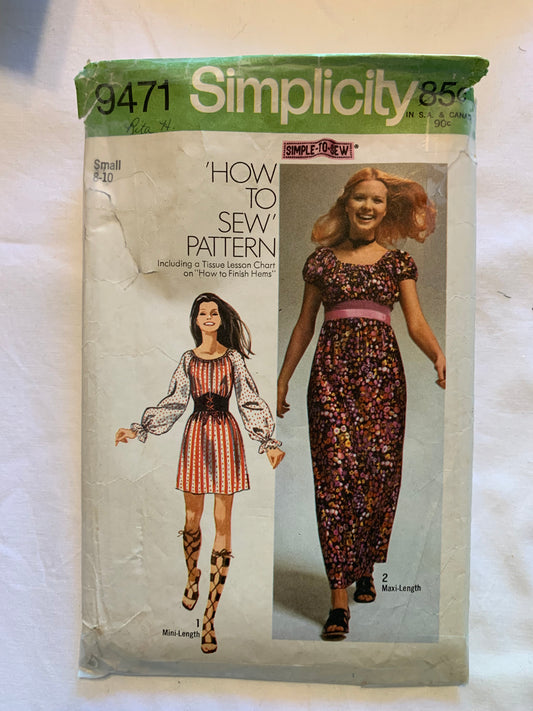 Simplicity Sewing Pattern 9471 Misses' Dresses, Long/Short Raglan, Sleeves, Mini Dress, Two Lengths, Size 8-10, Cut, Vintage 1971