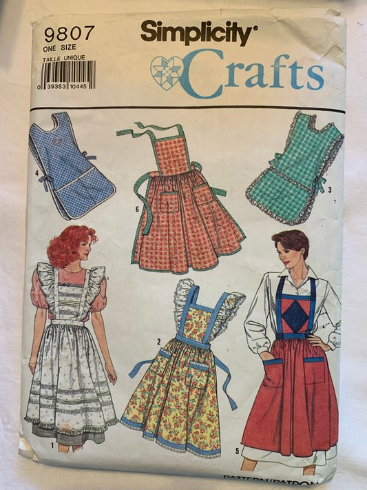 Simplicity Sewing Pattern 9807 Misses' Bib Aprons, Over The Head, Pockets, Side/Back Tie, Ruffles, One Size, Cut, Vintage1990