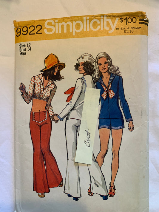 Simplicity Sewing Pattern 9922 Misses'/Girls'/Junior/Teens' Blouse, Halter Tops, Pants, Hip Hugger Bell-Bottom Pants, Button Front, Long Sleeves, Size 12, Cut, Vintage 1972