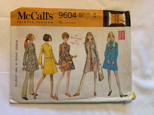 McCall's Sewing Pattern 9604 Misses' Dress, Two Lengths, Mini Dress, Nehru, Long Bell Sleeves, Button Front, Size 16, Cut, Vintage 1968
