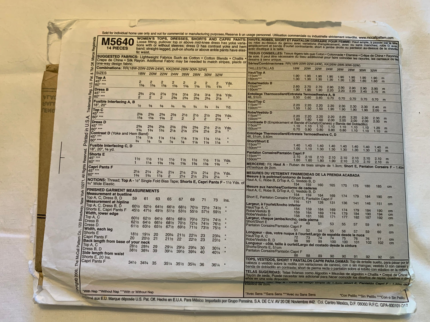 McCall's Sewing Pattern M5640 Misses' Dress, Tops, Shorts, Capri Pants, Loose-Fitting, Sleeveless, Two Lengths, Size 18W-24W, Uncut, 2008
