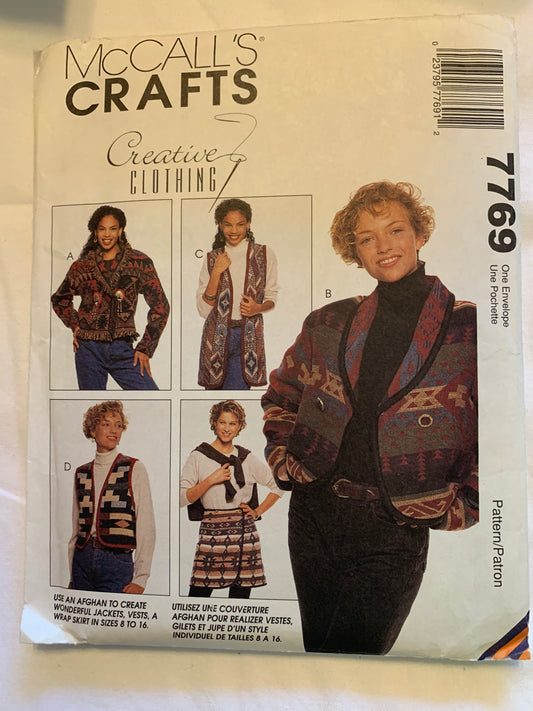 McCall's Sewing Pattern 7769 Misses' Unlined Jacket, Vest, Wrap Skirt, Two Lengths, Shawl Collar, Size 8-16, Uncut, Vintage 1996