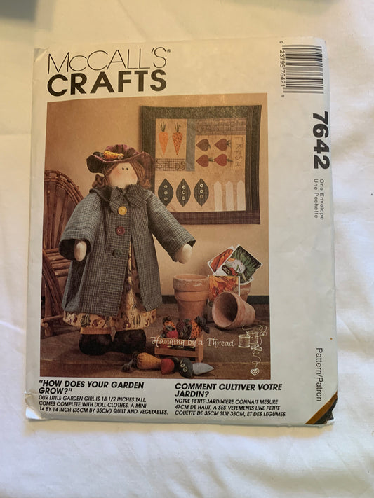 McCall's Sewing Pattern 7642 Garden Girl, Wall Quilt, Vegetables, Clothes, 18 1/2" Stuffed Girl Doll, Button Front, Uncut, Vintage 1996