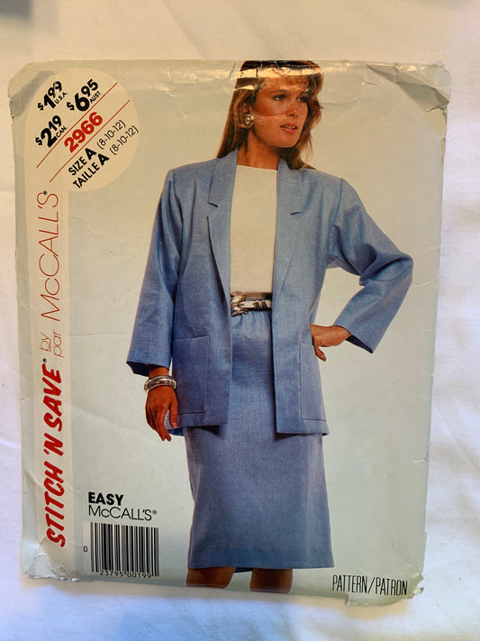 McCall's Sewing Pattern Stitch 'n Save 2966 Misses' Jacket, Skirt, Unlined, Loose-Fitting, Shoulder Pads, Pockets, Size 8-12, Uncut, Vintage 1987