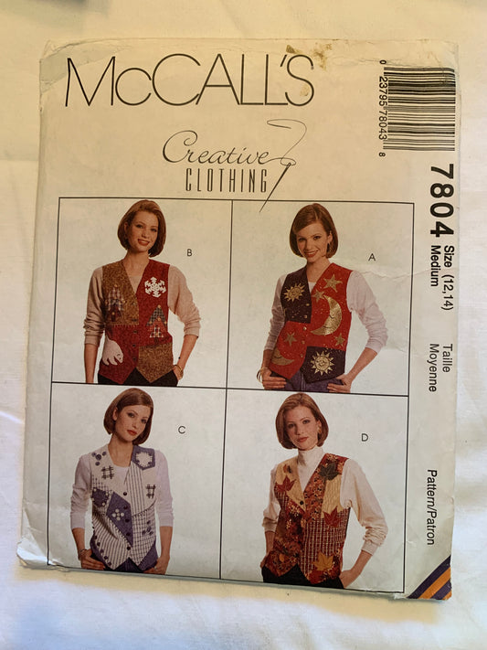 McCall's Sewing Pattern 7804 Misses' Lined Vest, Appliques, Button Front, Sleeveless, Darts, Tie Back, Size 12-14, Uncut, Vintage 1995