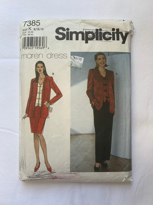 Simplicity Sewing Pattern 7385 Misses' Jacket, Mock Vest, Skirt, Pants, Panels, Elastic Waist, Pull-On, Size 8-12, Uncut, Vintage 1996