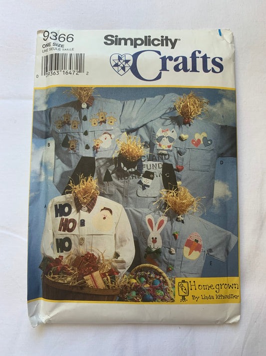 Simplicity Sewing Pattern 9366 Crafts, Applique for Purchased Scarecrow Shirts, Santa, Reindeer, Snowman, Tree, Angle, Hearts, Uncut, Vintage 1995