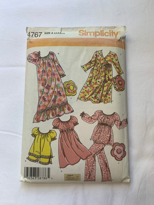 Simplicity Sewing Pattern 4767 Girls' Sleepwear, Pillow, Pajamas, Top, Pants, Long/Short Sleeves, Pockets, Shorts, Elastic Waist, Size 3-8, Uncut, 2004