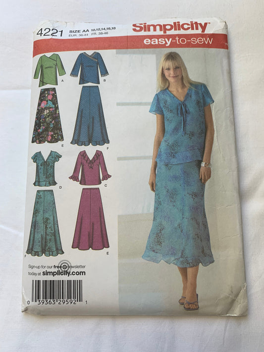 Simplicity Sewing Pattern 4221 Misses' Pullover Top, Skirt, Two Length, Long/Short Sleeves, Elastic Waist, Size 10-18, Uncut, Vintage 1996
