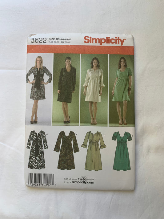 Simplicity Sewing Pattern 3622 Misses'/Miss Petite Pullover Knit/Woven Dresses, 4 Variations, Full Skirt, Pullover, Long/Short Sleeves, Size 4-12, Uncut, 2002