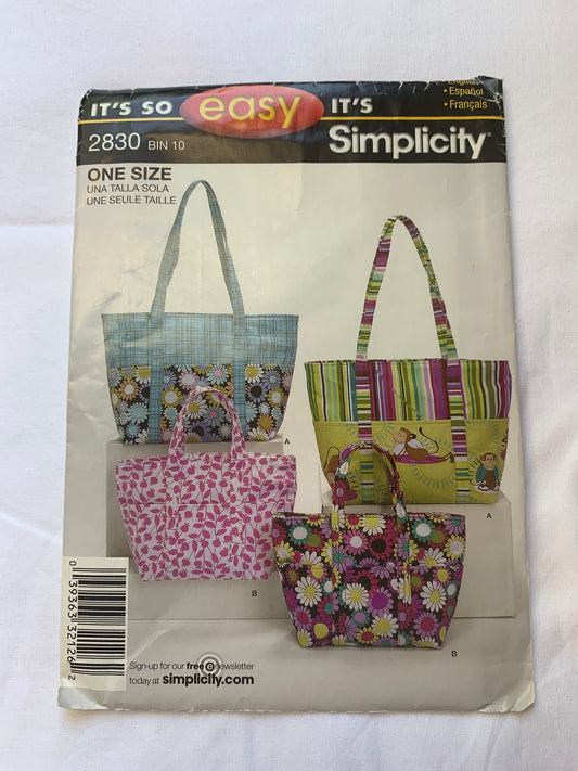 Simplicity Sewing Pattern 2830 Set of Bags, Two Sizes, Hippie, Groceries, Beach, Pool, Tote, Shoulder Strap, Cut, 2008